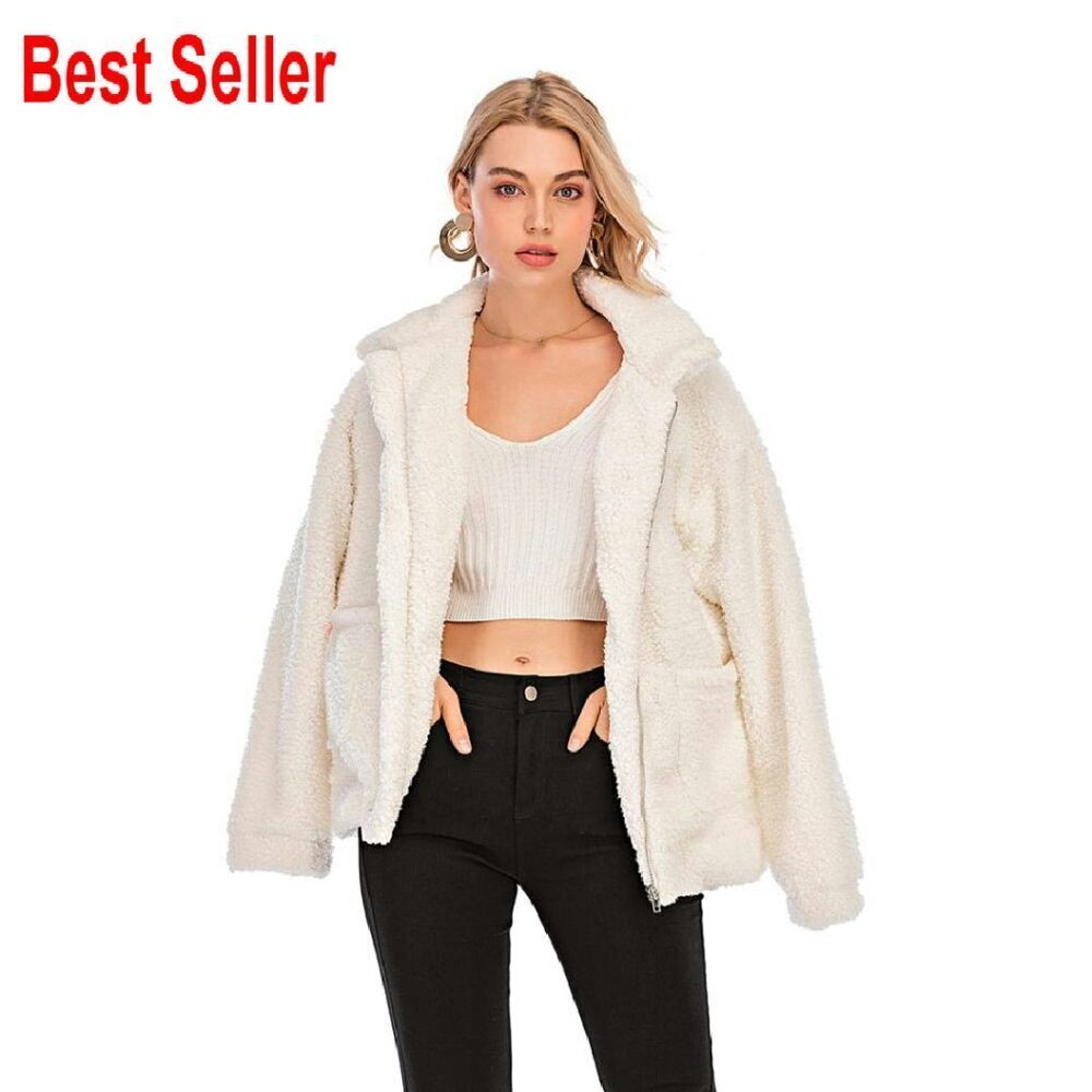 Oversized Faux Shearling Jacket Cozy Fleece Lapel Zipper Boyfriend Style